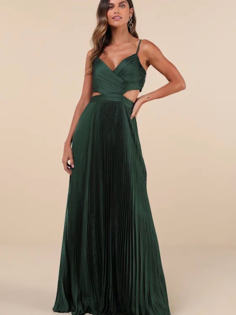 Lulu's Deep Green Pleated Maxi Dress with Cutout Waist